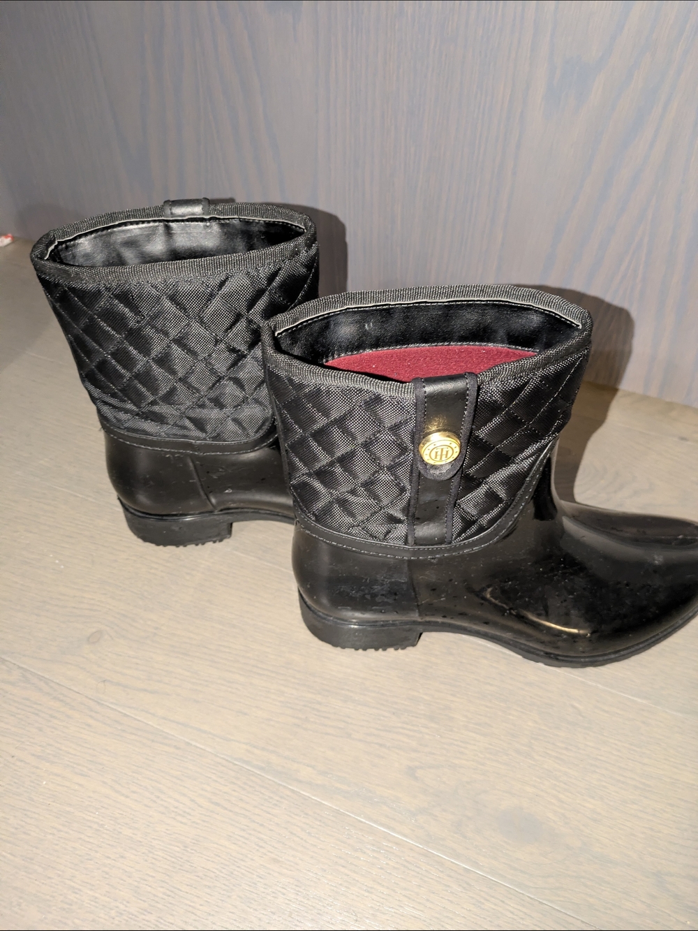 Black Quilted Rain Boots with Logo Button